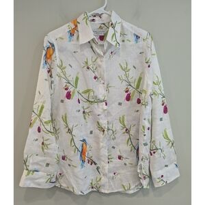 Haris Cotton Greece 100% Linen Bird Floral Button Down Shirt Size Small